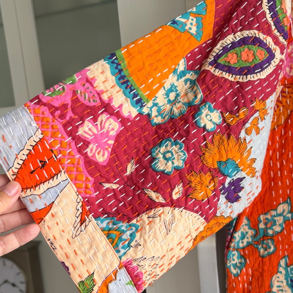 Vibrant kantha Patchwork Kimono Robe in Orange & Pink - Picture 6 of 7